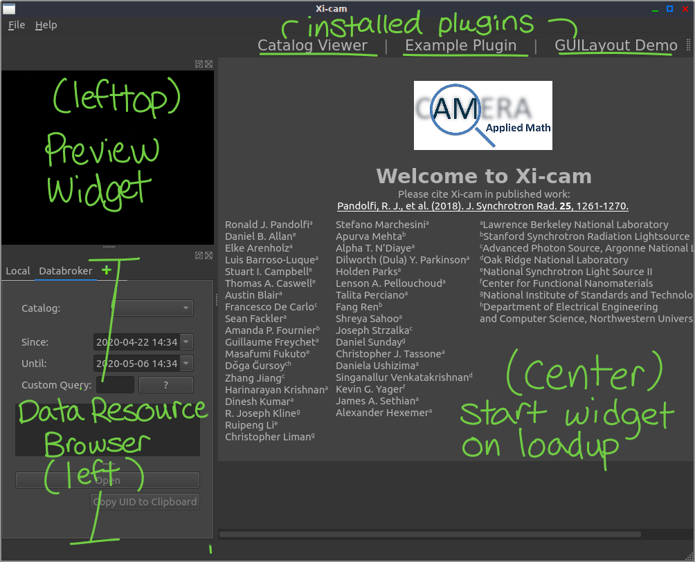Main window of Xi-CAM on startup, with three installed plugins.